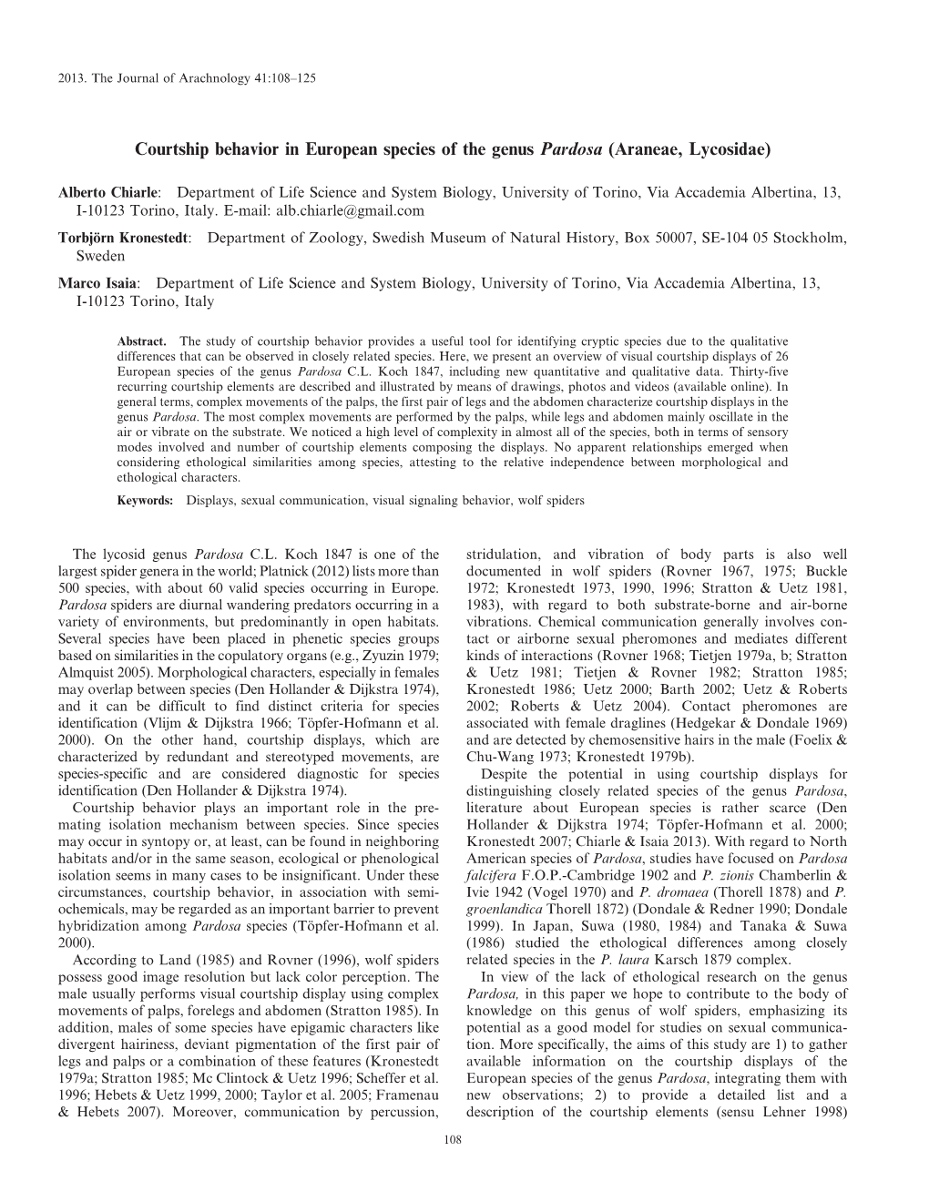 Courtship Behavior in European Species of the Genus Pardosa (Araneae, Lycosidae)