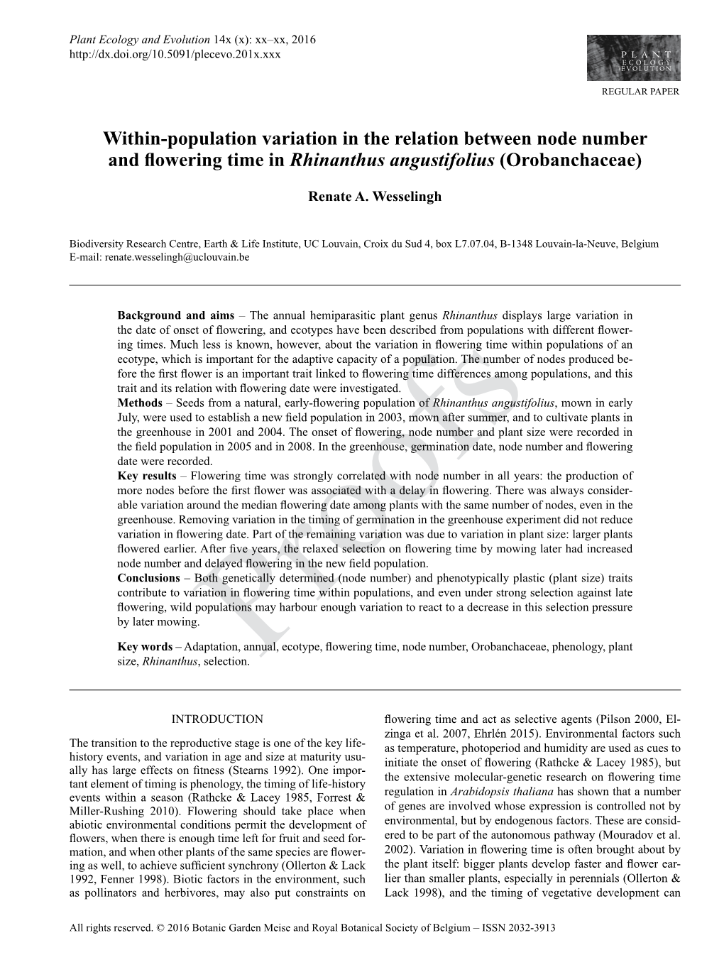 Within-Population Variation in the Relation Between Node Number and Flowering Time in Rhinanthus Angustifolius (Orobanchaceae)