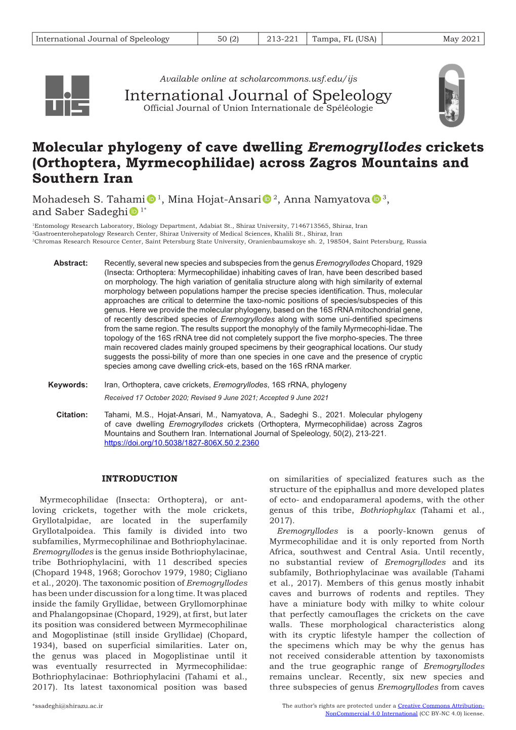 Molecular Phylogeny of Cave Dwelling <I