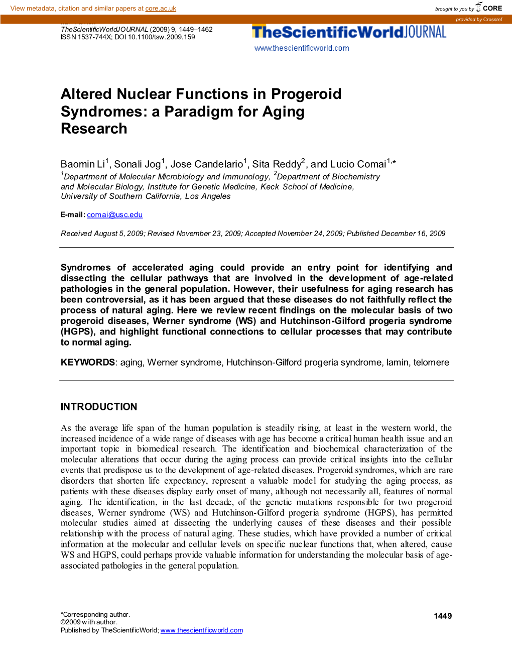 Altered Nuclear Functions in Progeroid Syndromes: a Paradigm for Aging Research