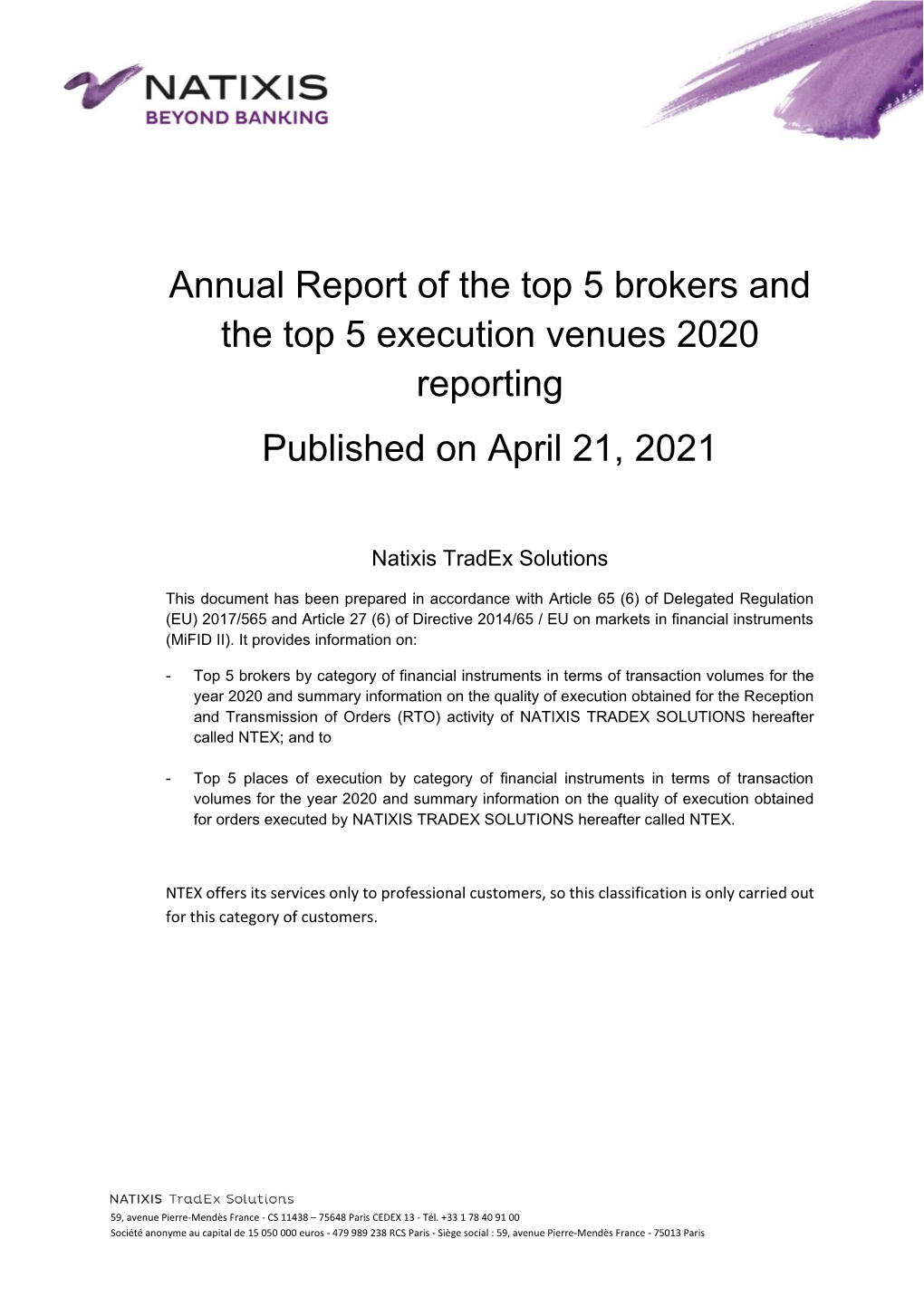 Annual Report of the Top 5 Brokers and the Top 5 Execution Venues 2020