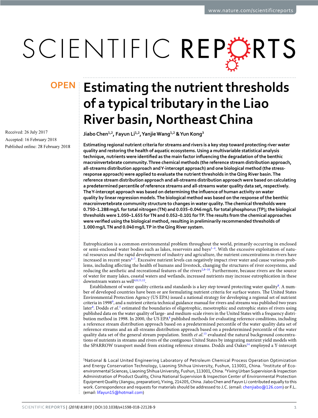 Estimating the Nutrient Thresholds of a Typical Tributary in the Liao River