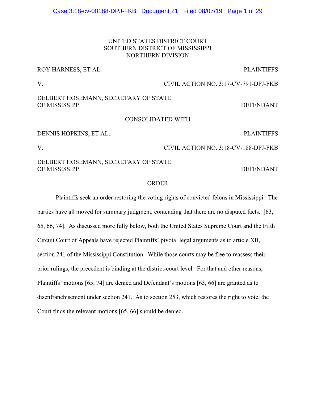 District Court Order on Cross Motions For