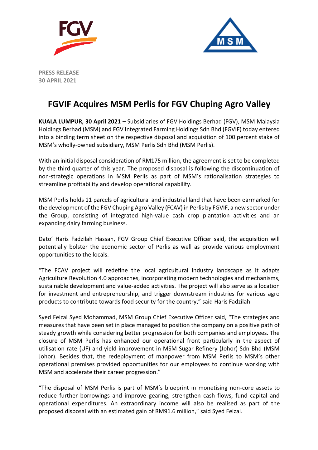 FGVIF Acquires MSM Perlis for FGV Chuping Agro Valley