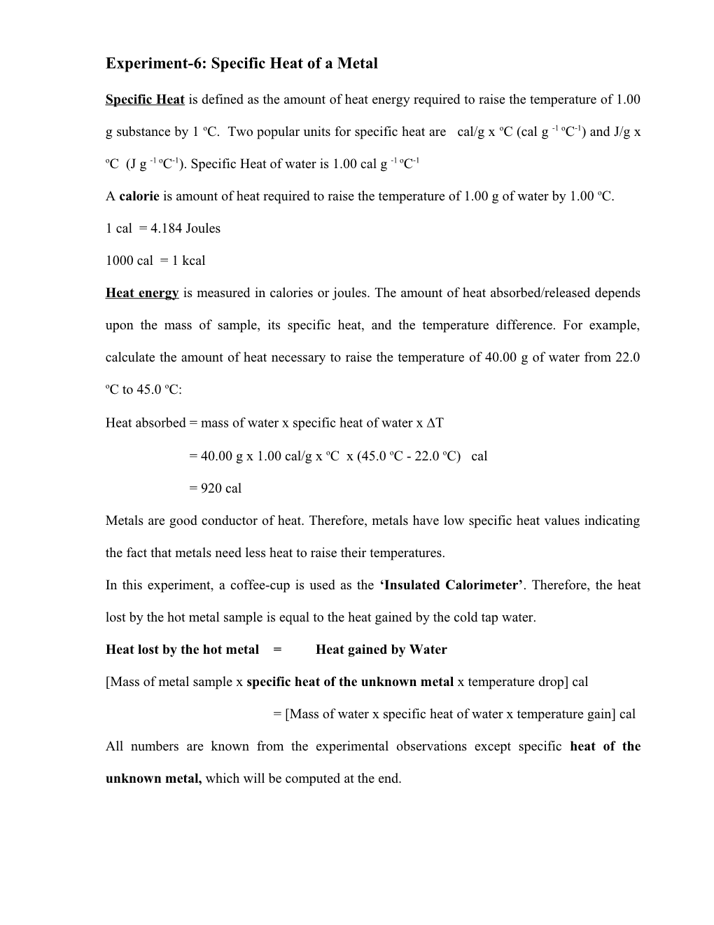 Determination of Specific Heat of a Metal