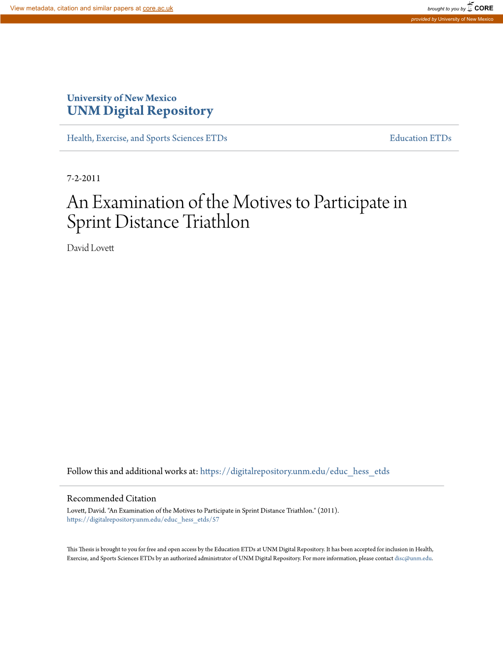 An Examination of the Motives to Participate in Sprint Distance Triathlon David Lovett