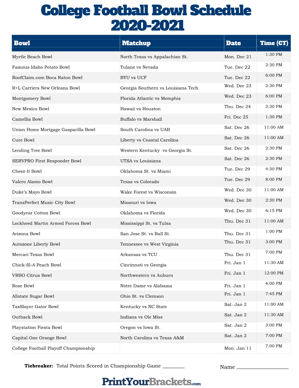 College Football Bowl Schedule 2020-2021