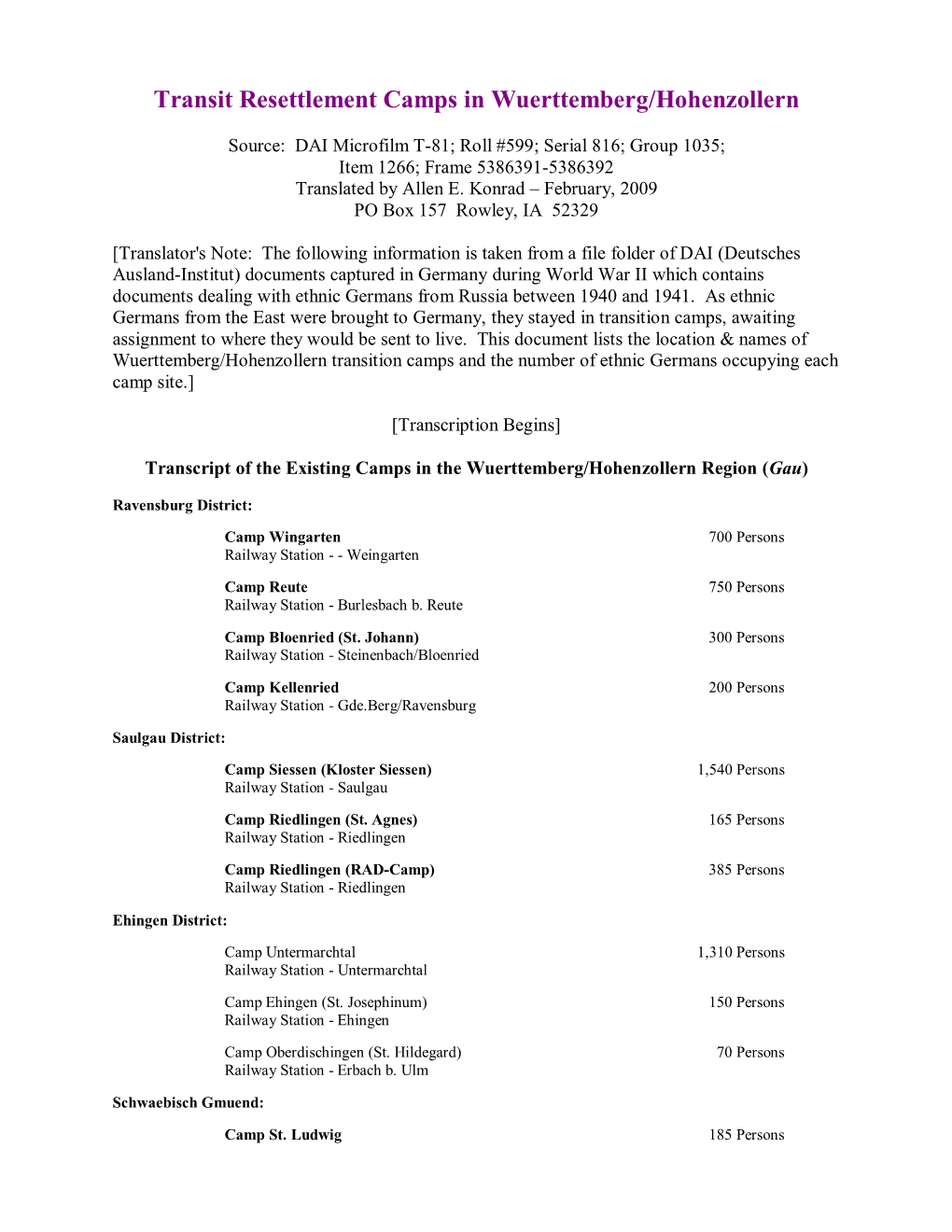 Transit Resettlement Camps in Wuerttemberg/Hohenzollern