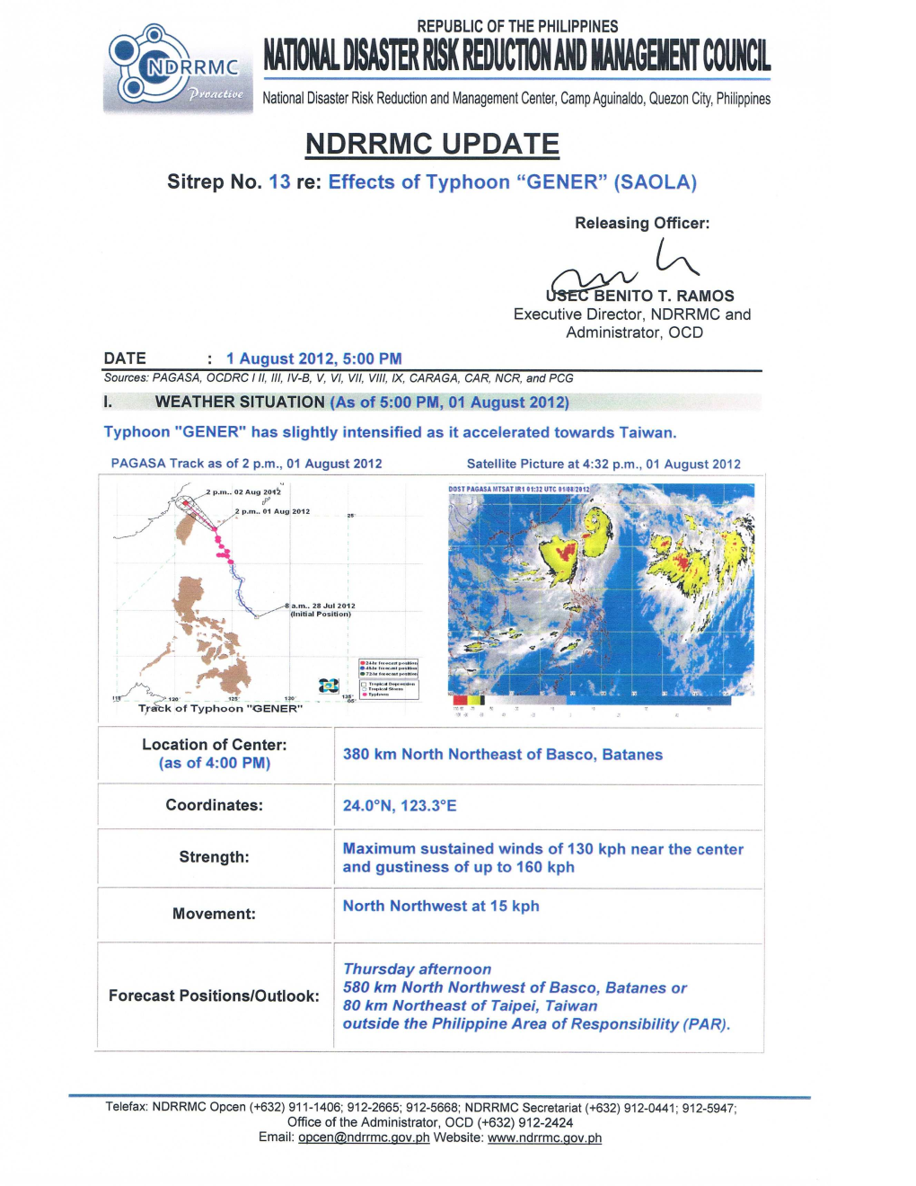 NDRRMC Update Sit Rep 13 Effects of TY Gener , 5PM 1AUGUST2012