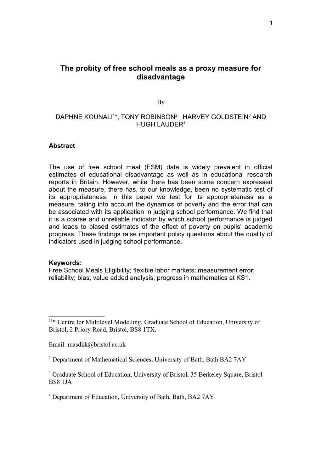 The Probity of Free School Meals As a Proxy Measure for Disadvantage