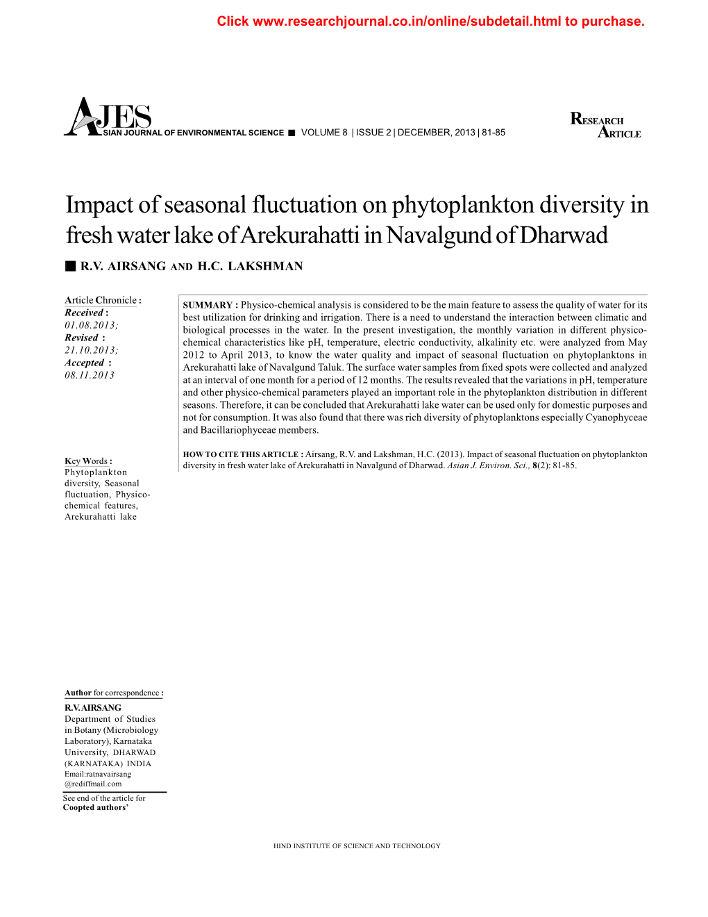 Impact of Seasonal Fluctuation on Phytoplankton Diversity in Fresh Water Lake of Arekurahatti in Navalgund of Dharwad