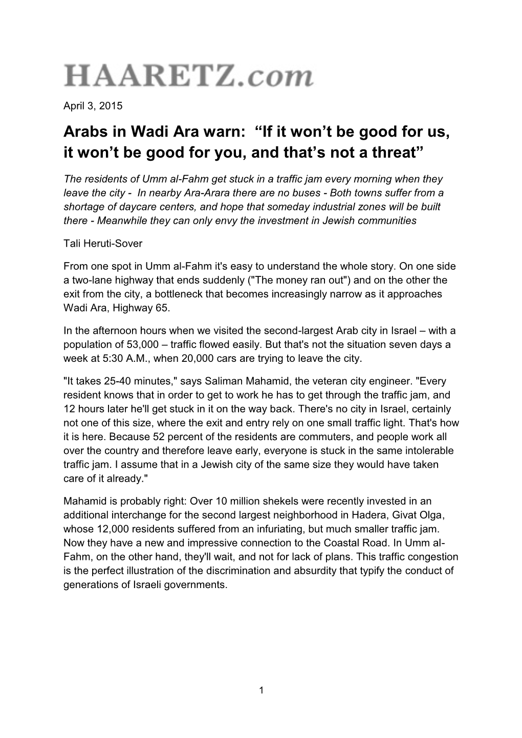 Arabs in Wadi Ara Warn: “If It Won't Be Good for Us, It Won't Be Good for You