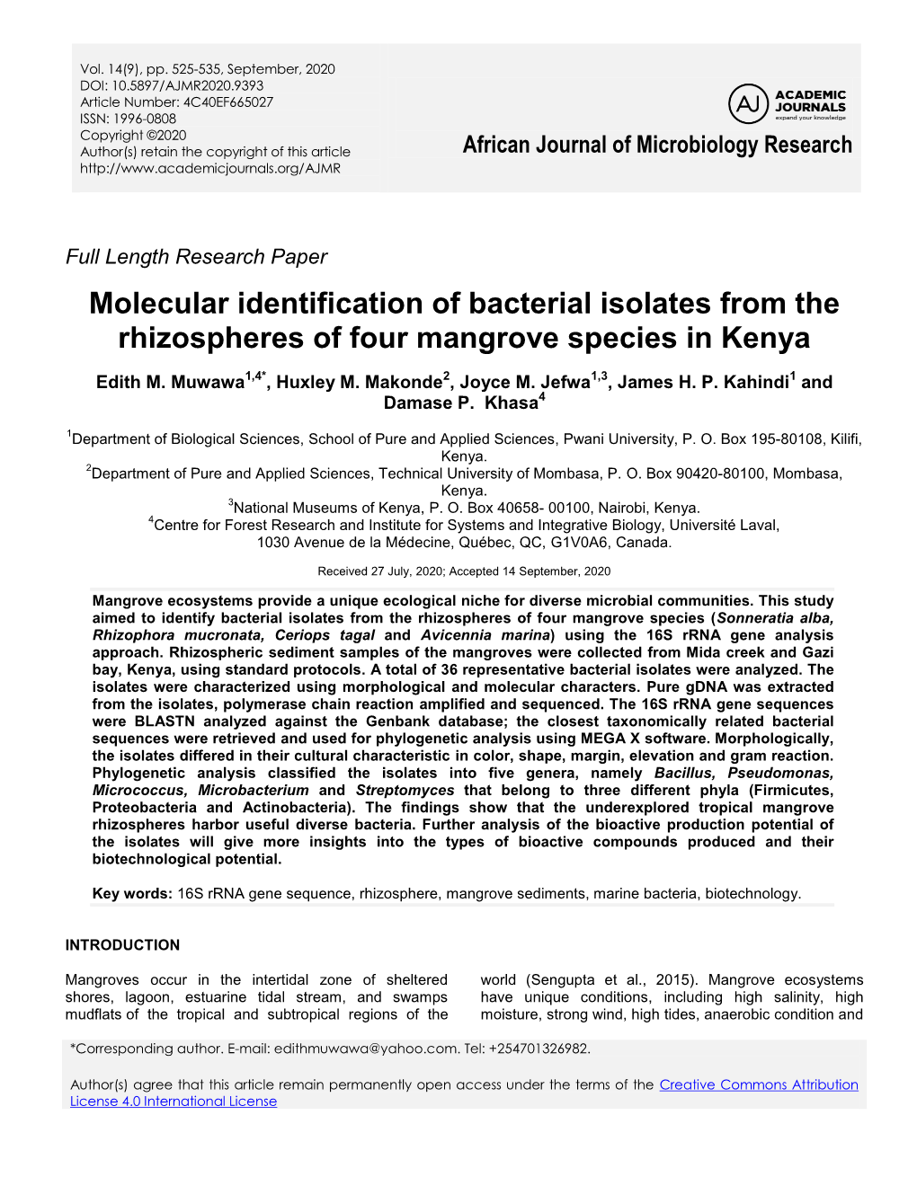 Molecular Identification of Bacterial Isolates from the Rhizospheres of Four Mangrove Species in Kenya