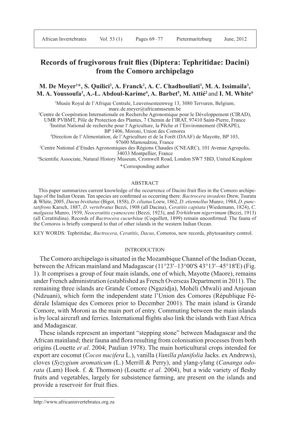 Records of Frugivorous Fruit Flies (Diptera: Tephritidae: Dacini) from the Comoro Archipelago