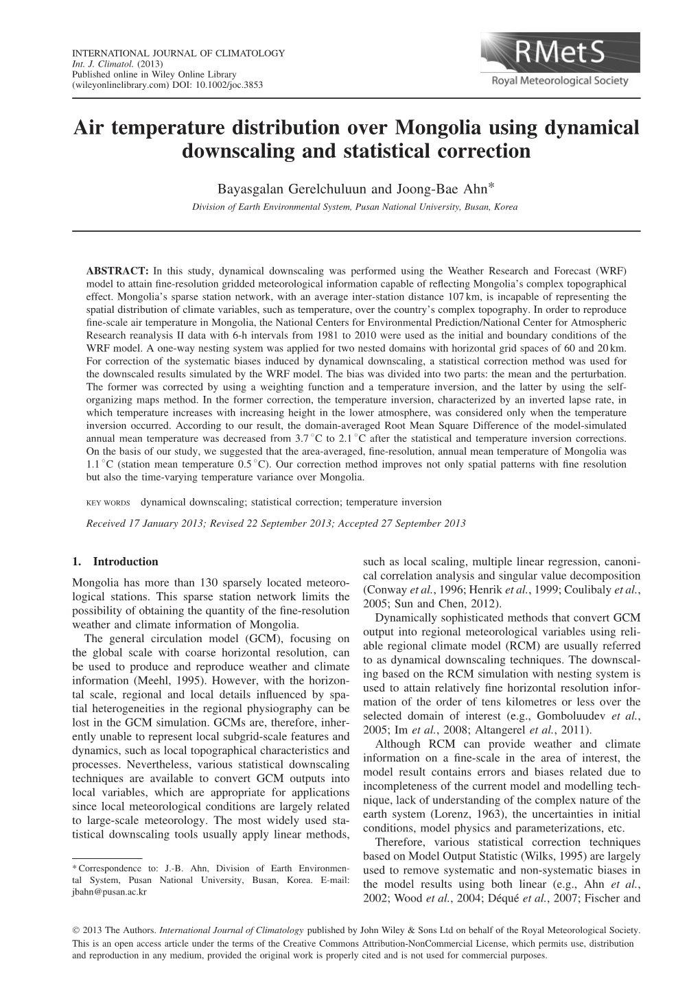 Air Temperature Distribution Over Mongolia Using Dynamical Downscaling and Statistical Correction