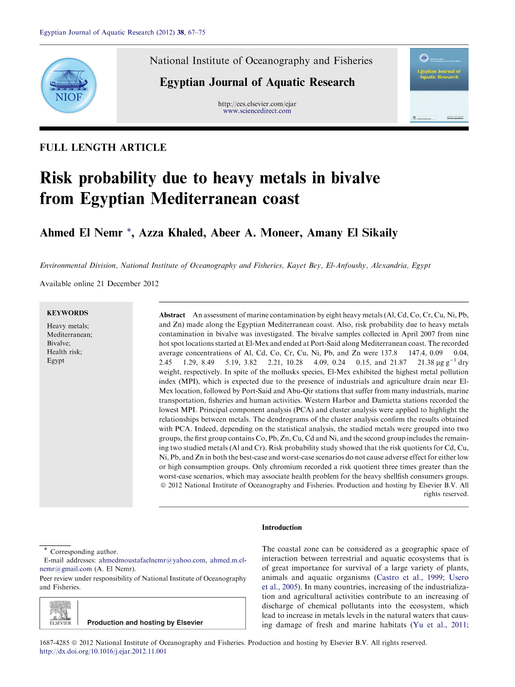 Risk Probability Due to Heavy Metals in Bivalve from Egyptian Mediterranean Coast