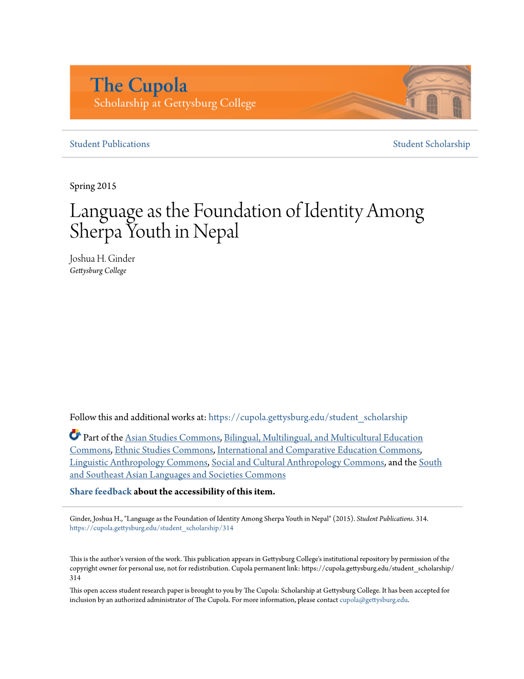 Language As the Foundation of Identity Among Sherpa Youth in Nepal Joshua H