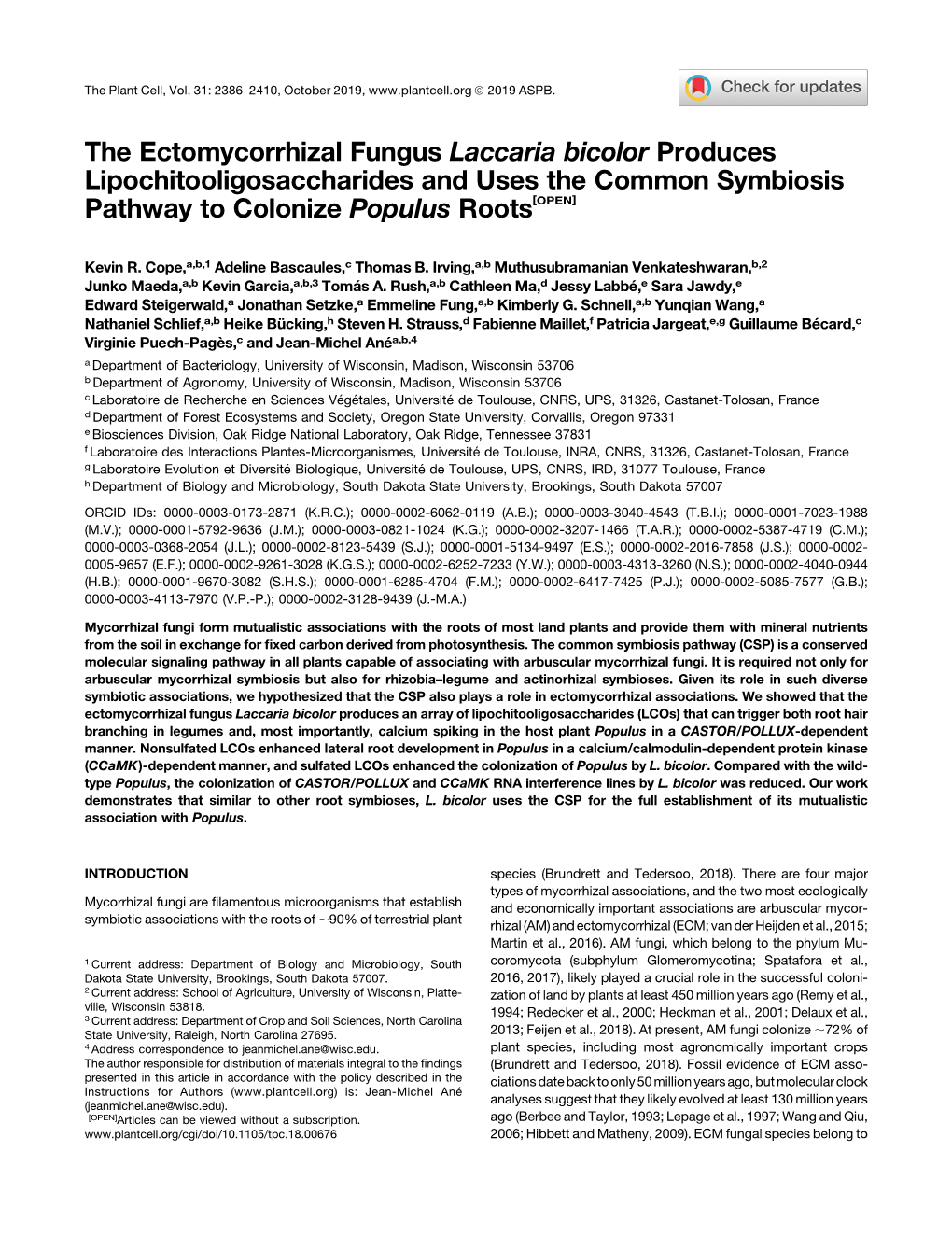 The Ectomycorrhizal Fungus Laccaria Bicolor Produces Lipochitooligosaccharides and Uses the Common Symbiosis Pathway to Colonize Populus Roots[OPEN]