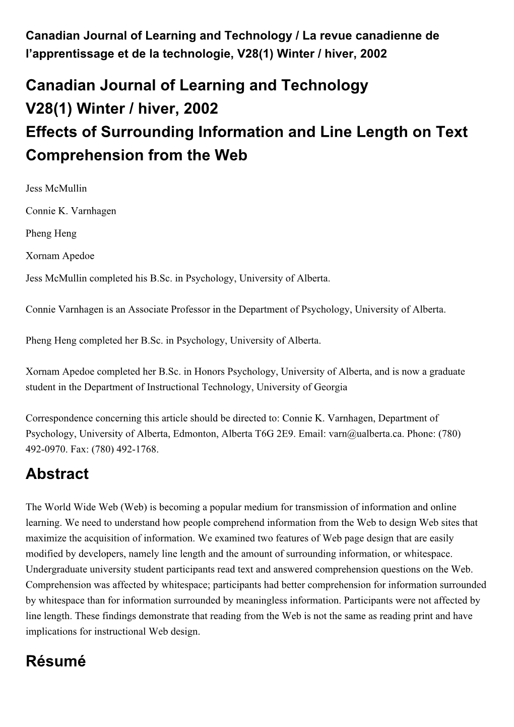Effects of Surrounding Information and Line Length on Text Comprehension from the Web