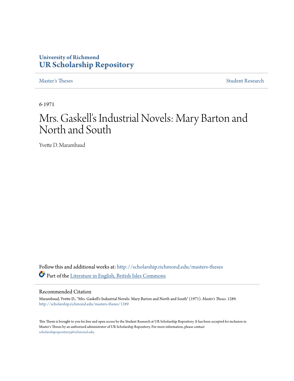 Mrs. Gaskell's Industrial Novels: Mary Barton and North and South Yvette D