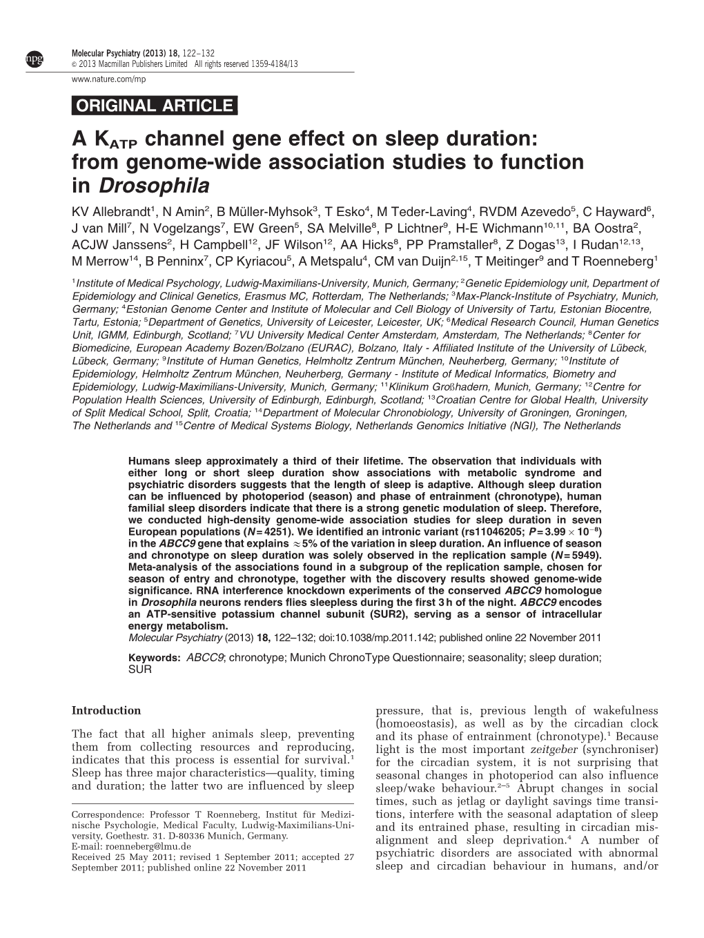 A KATP Channel Gene Effect on Sleep Duration