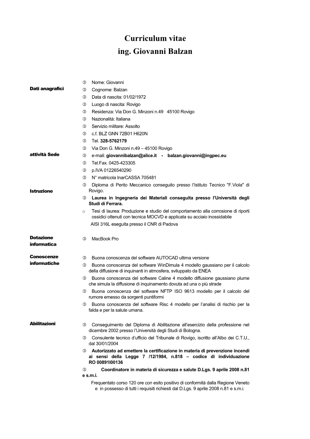 Curriculum Vitae Ing. Giovanni Balzan