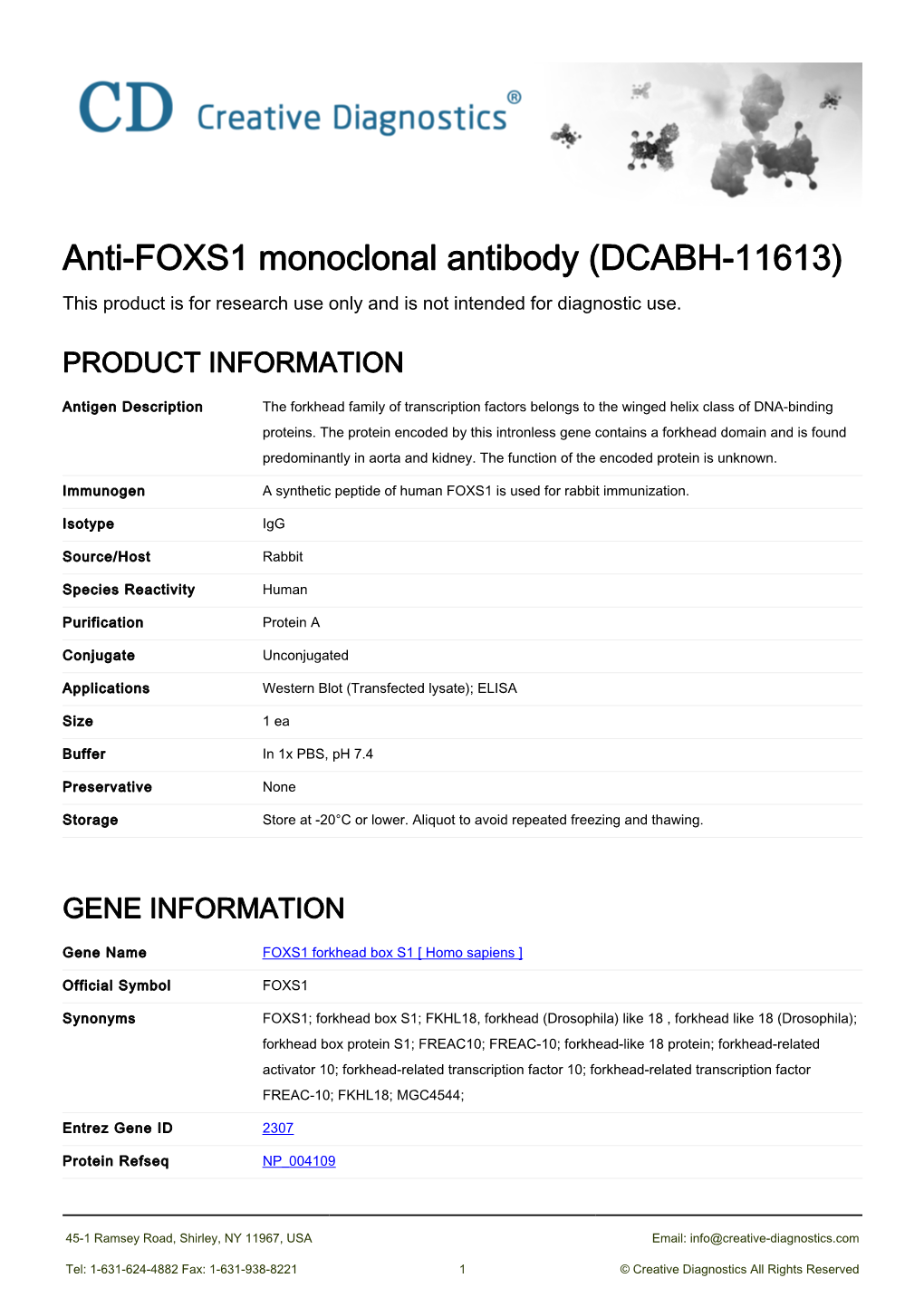 Anti-FOXS1 Monoclonal Antibody (DCABH-11613) This Product Is for Research Use Only and Is Not Intended for Diagnostic Use