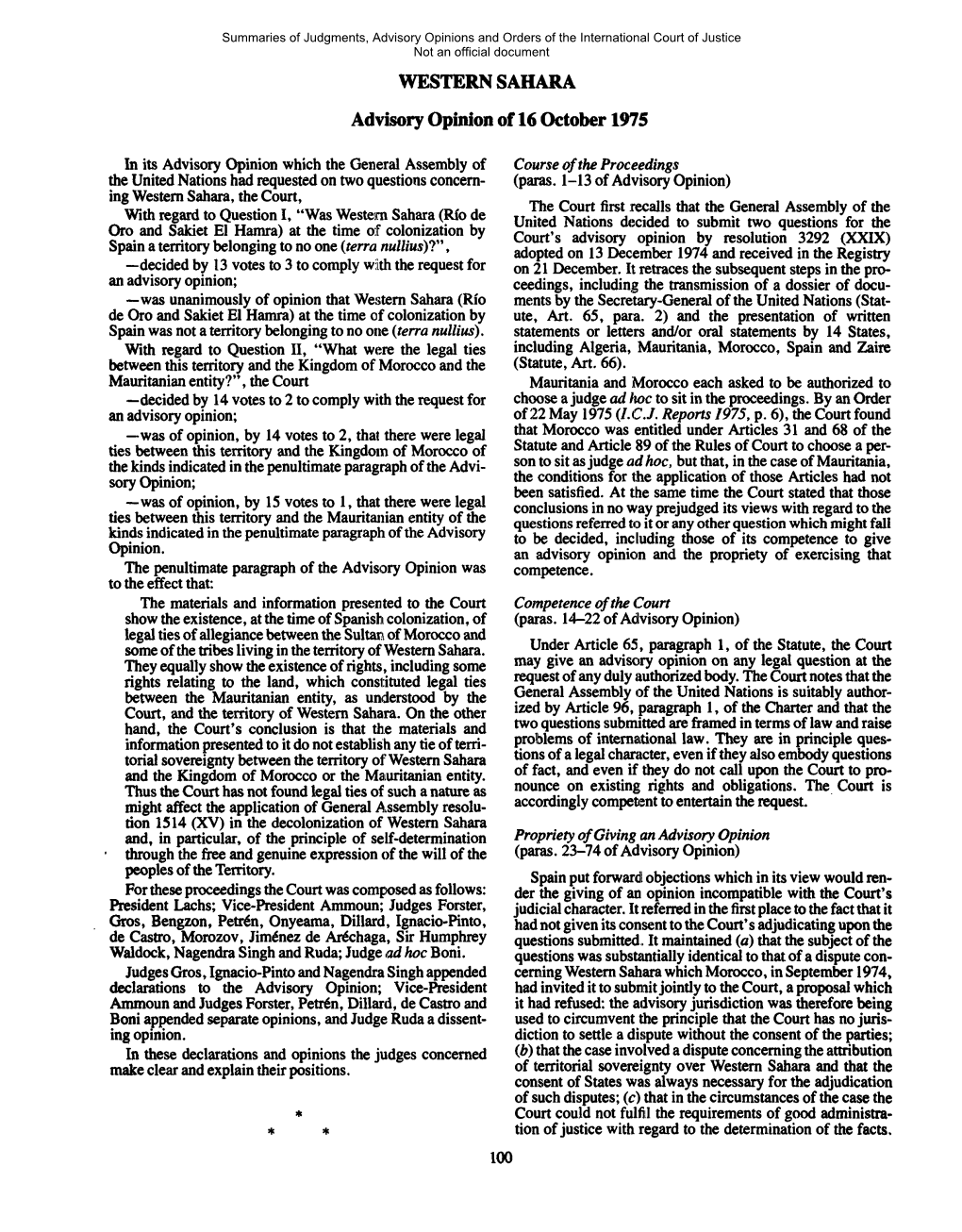 WESTERN SAHARA Advisory Opinion of 16 October 1975