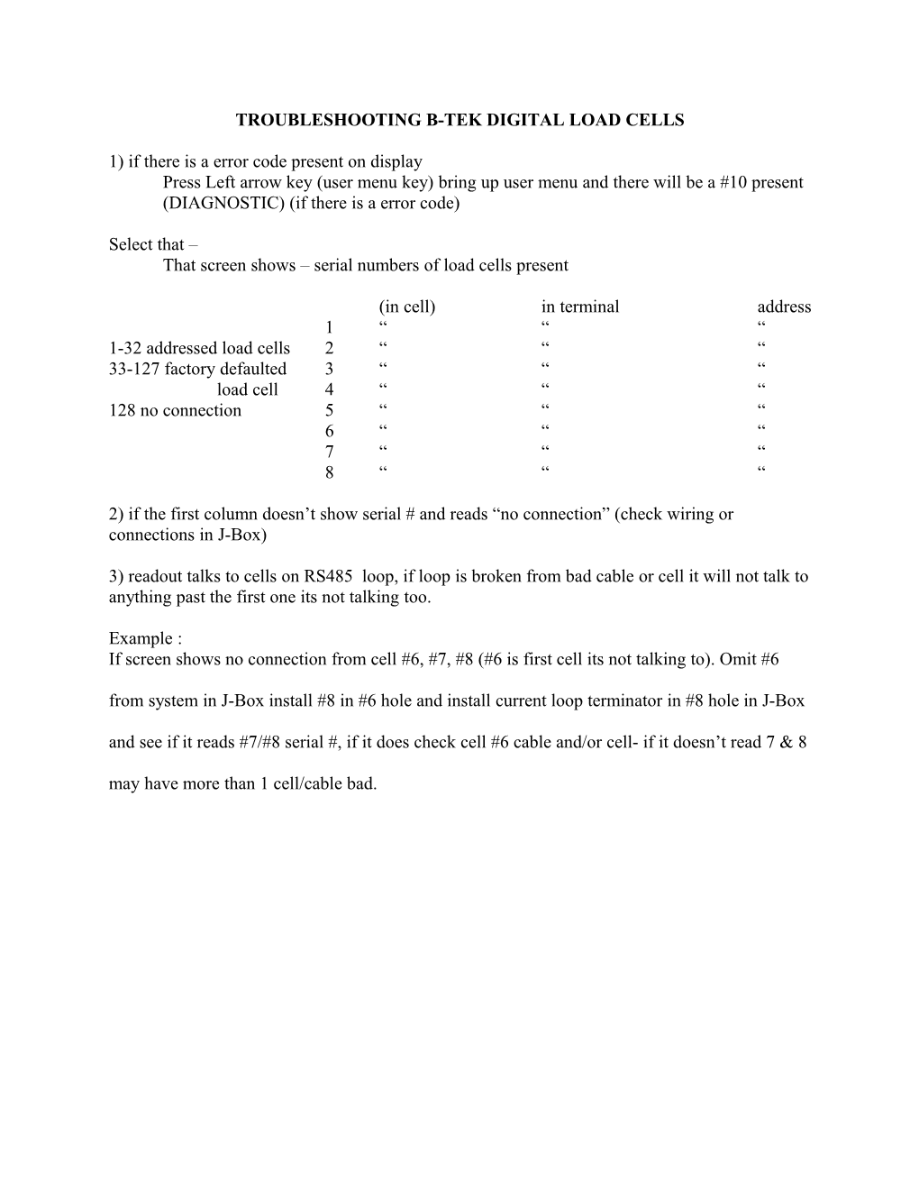 Troubleshooting B-Tek Digital Load Cells