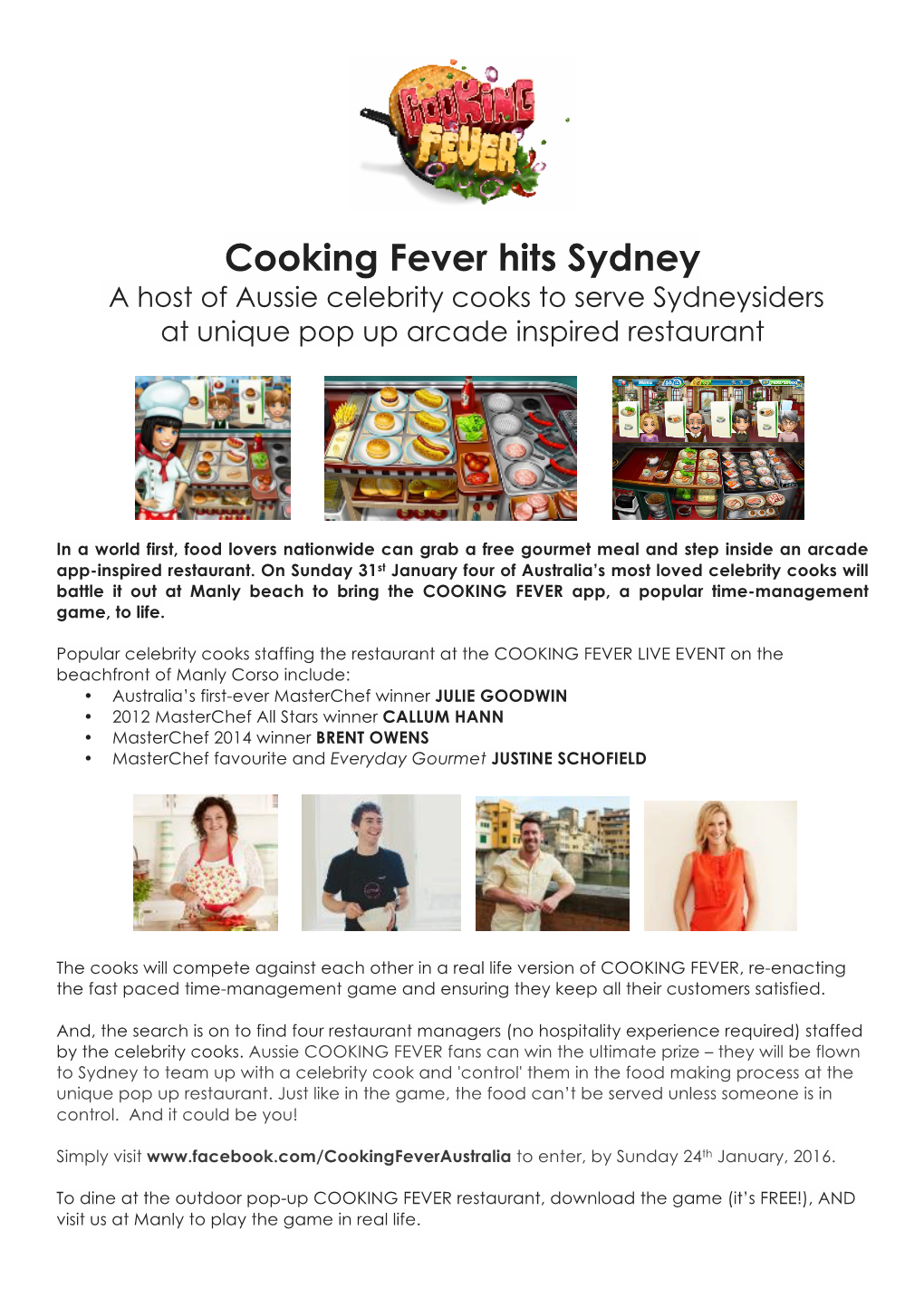 Cooking Fever Hits Sydney a Host of Aussie Celebrity Cooks to Serve Sydneysiders at Unique Pop up Arcade Inspired Restaurant