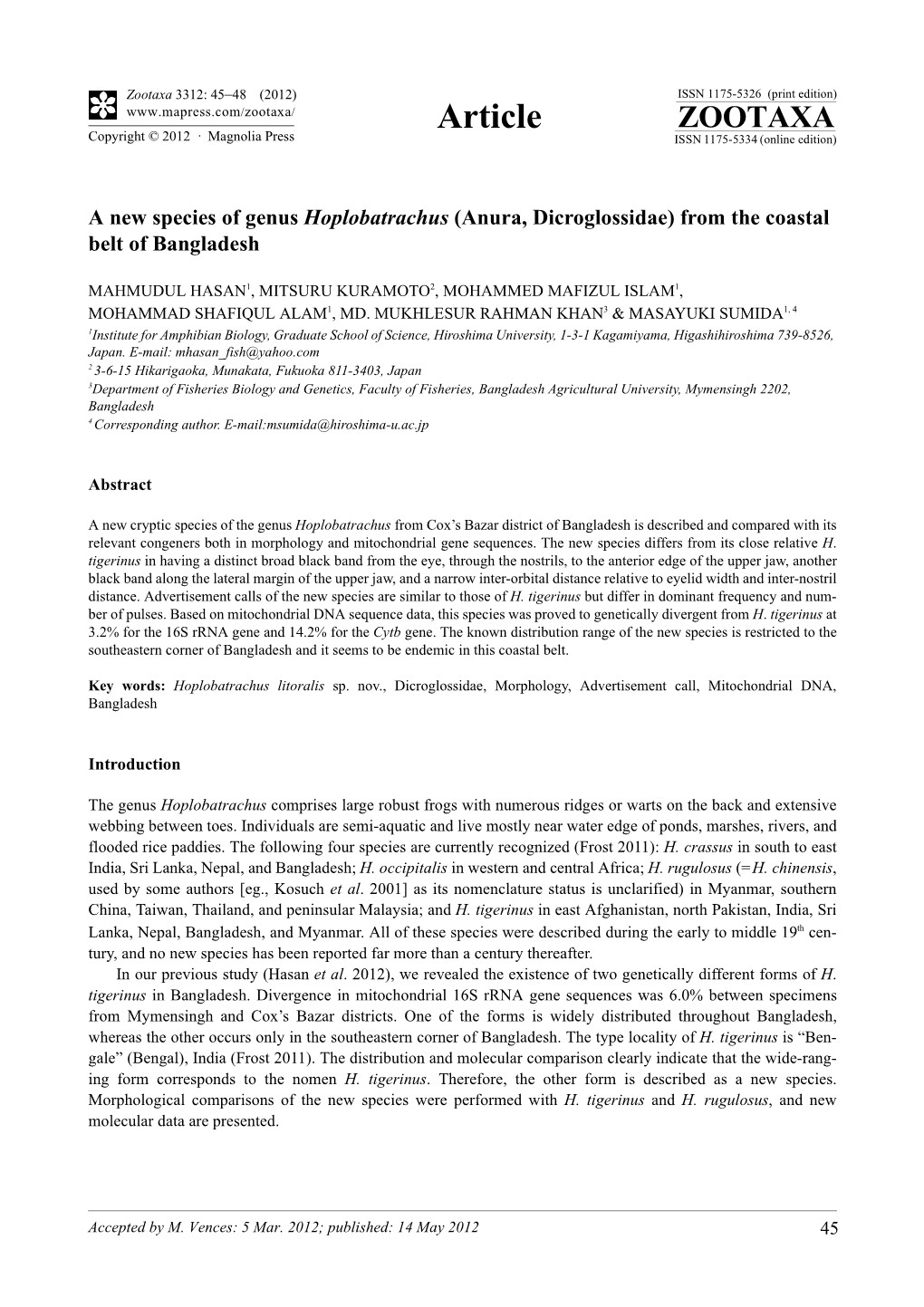 A New Species of Genus Hoplobatrachus (Anura, Dicroglossidae) from the Coastal Belt of Bangladesh