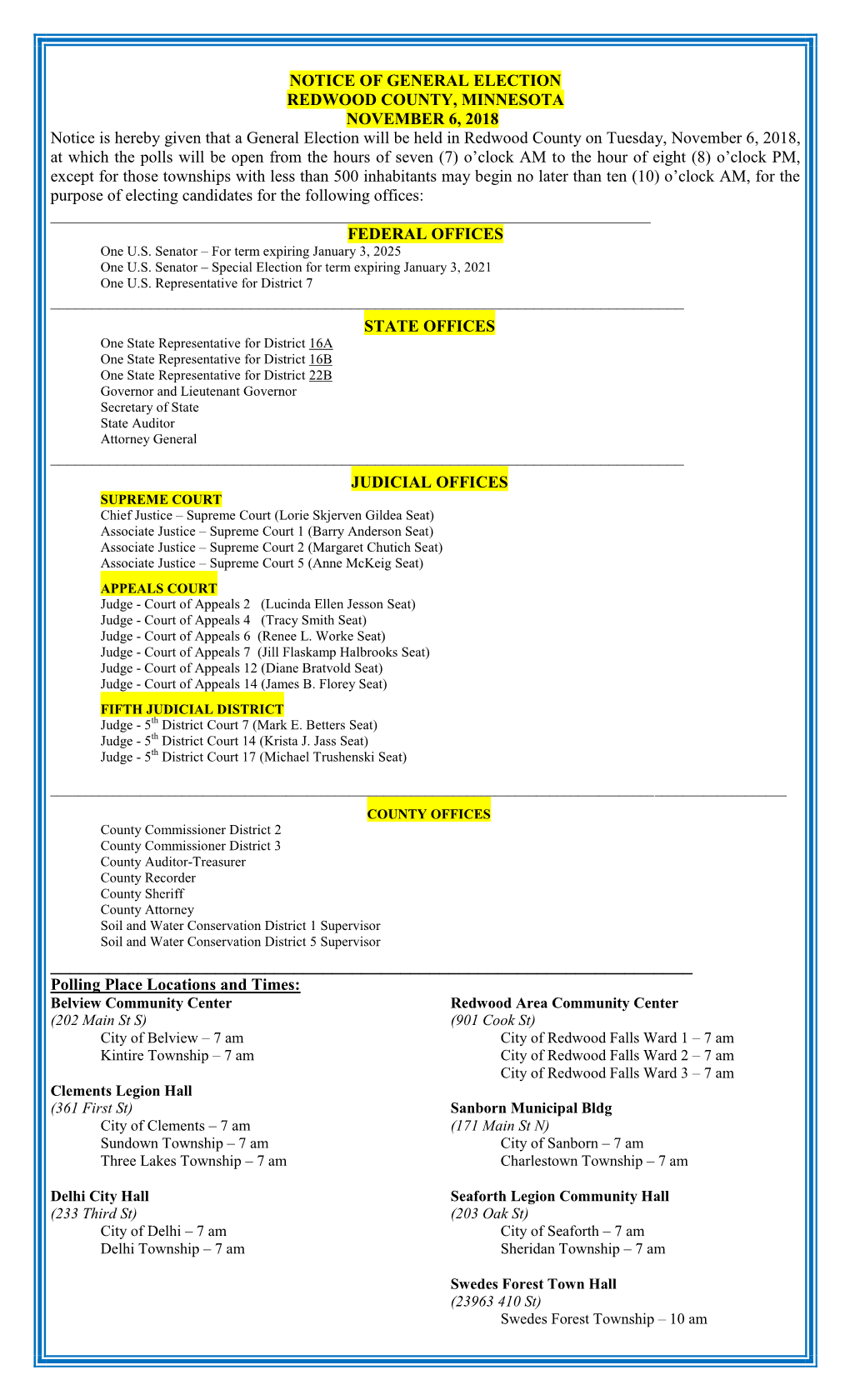 Notice of General Election Redwood County, Minnesota