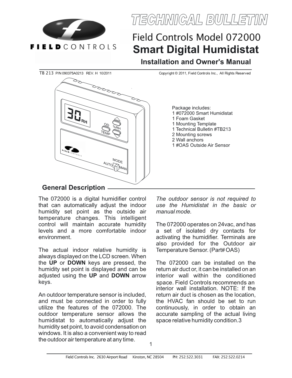 Digital Humidistat Model 072000 Installation Manual & Wiring Diagram