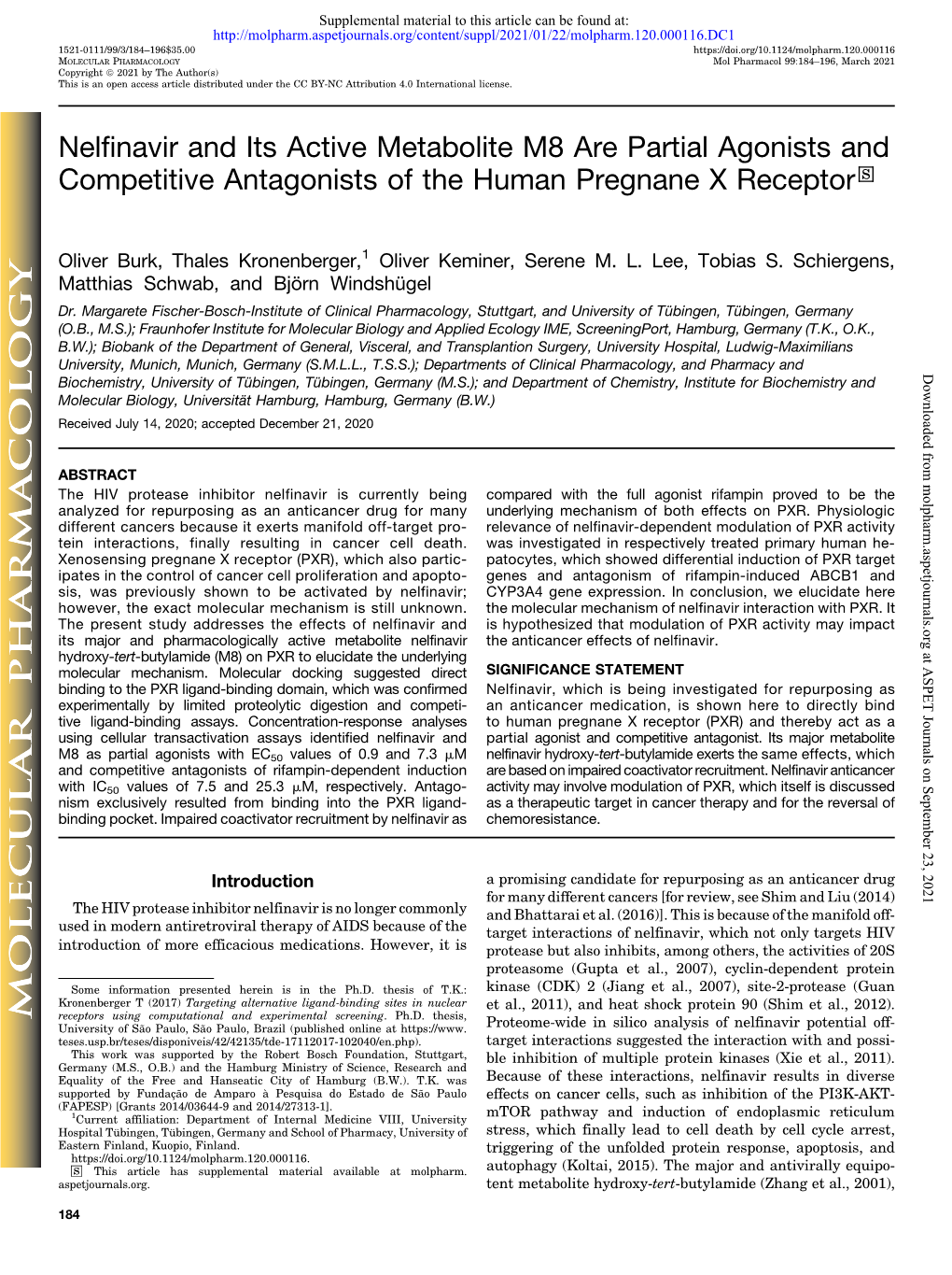 Nelfinavir and Its Active Metabolite M8 Are Partial Agonists and Competitive Antagonists of the Human Pregnane X Receptor S