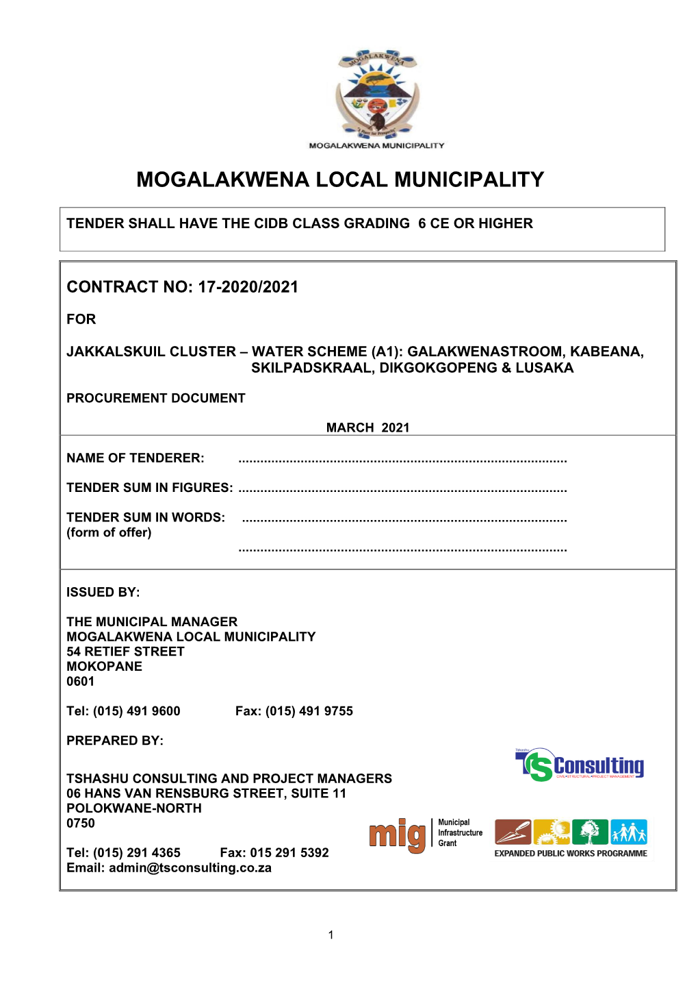 Jakkalskuil Cluster – Water Scheme (A1): Galakwenastroom, Kabeana, Skilpadskraal, Dikgokgopeng & Lusaka