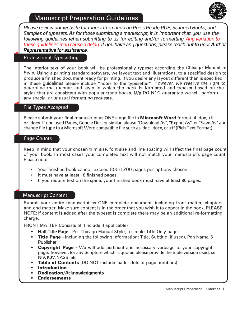 Manuscript Preparation Guidelines Please Review Our Website for More Information on Press Ready PDF, Scanned Books, and Samples of Typesets