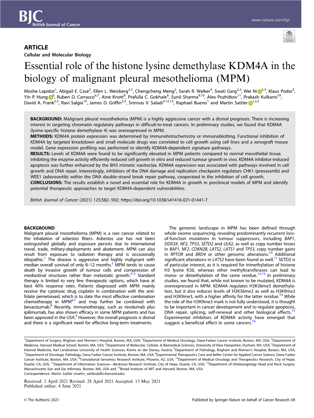 Essential Role of the Histone Lysine Demethylase KDM4A in the Biology of Malignant Pleural Mesothelioma (MPM)