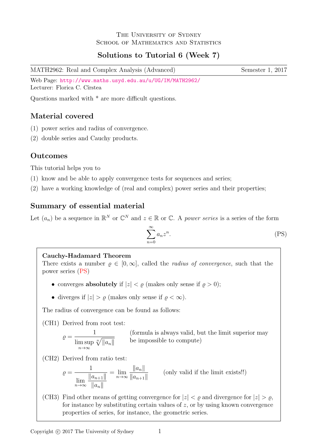 Solutions to Tutorial 6 (Week 7)