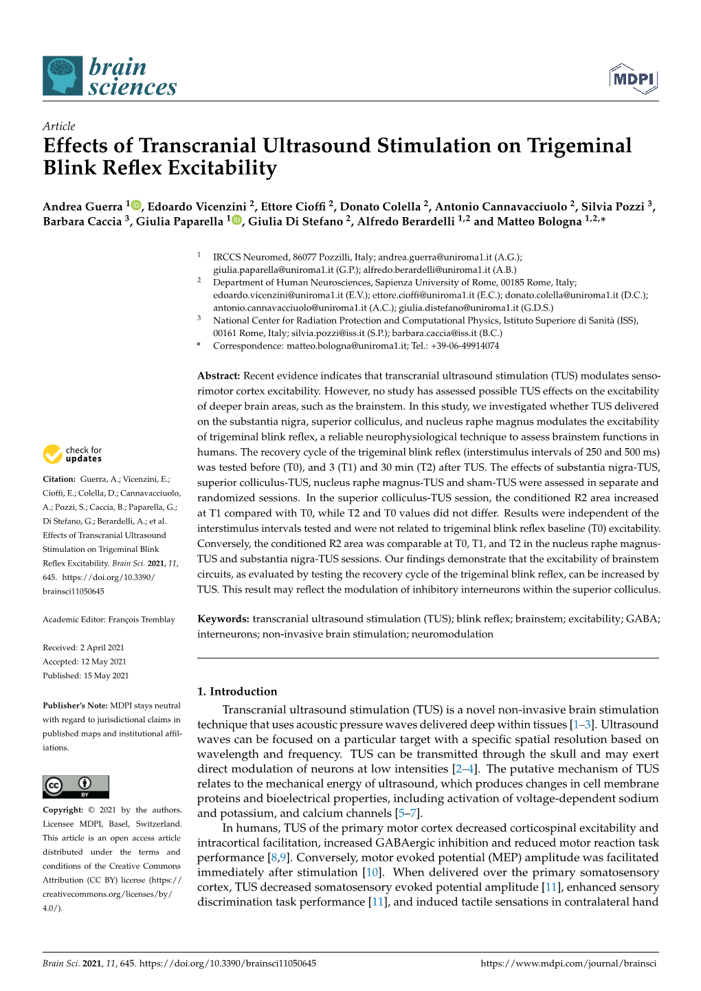 Effects of Transcranial Ultrasound Stimulation on Trigeminal Blink Reﬂex Excitability