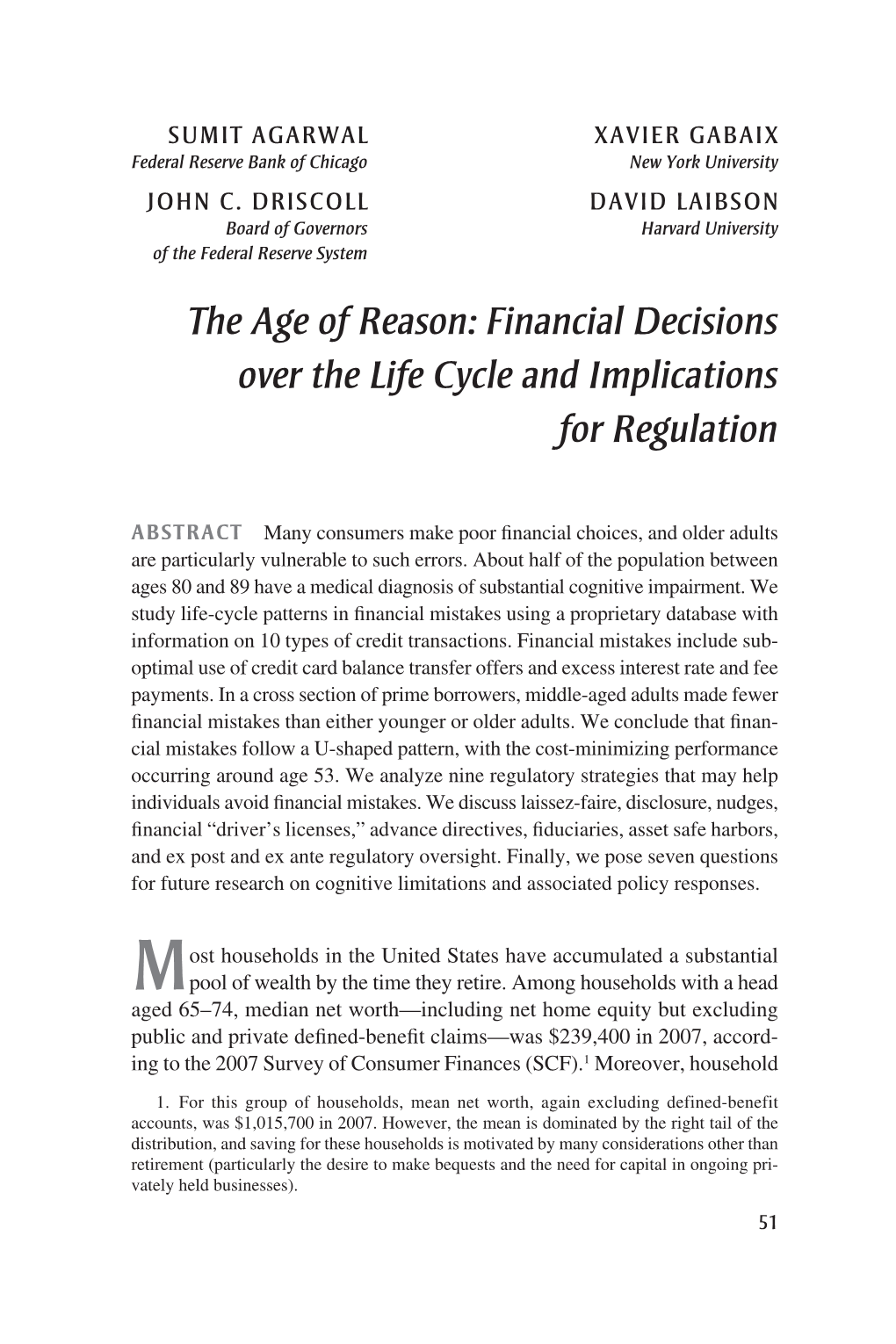 The Age of Reason: Financial Decisions Over the Life Cycle and Implications for Regulation