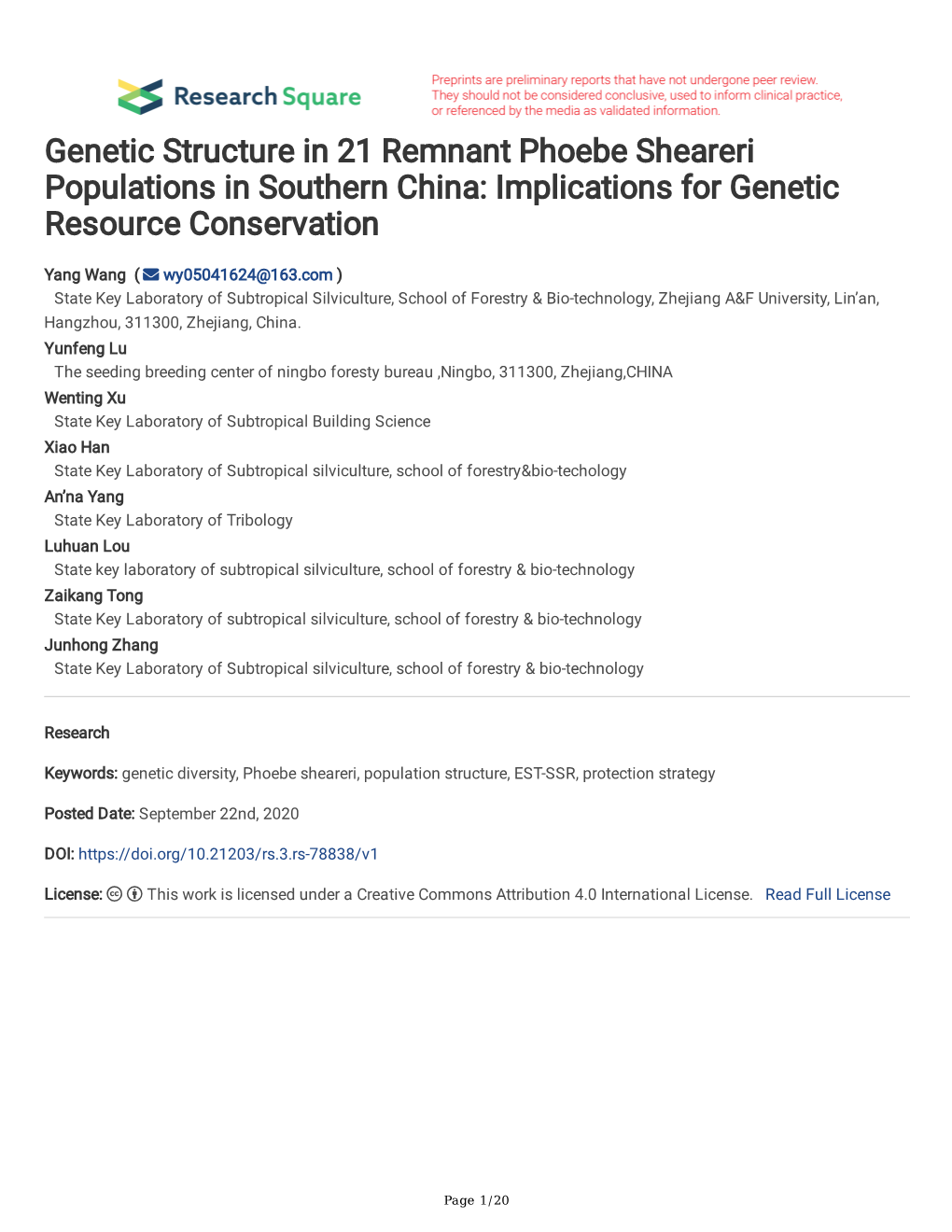 Genetic Structure in 21 Remnant Phoebe Sheareri Populations in Southern China: Implications for Genetic Resource Conservation