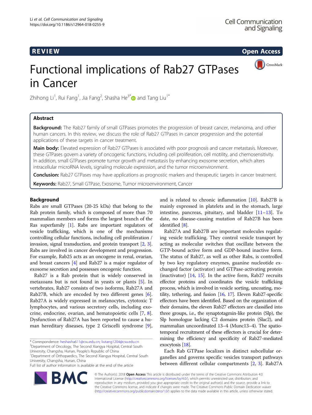 Functional Implications of Rab27 Gtpases in Cancer Zhihong Li1, Rui Fang1, Jia Fang2, Shasha He3* and Tang Liu1*