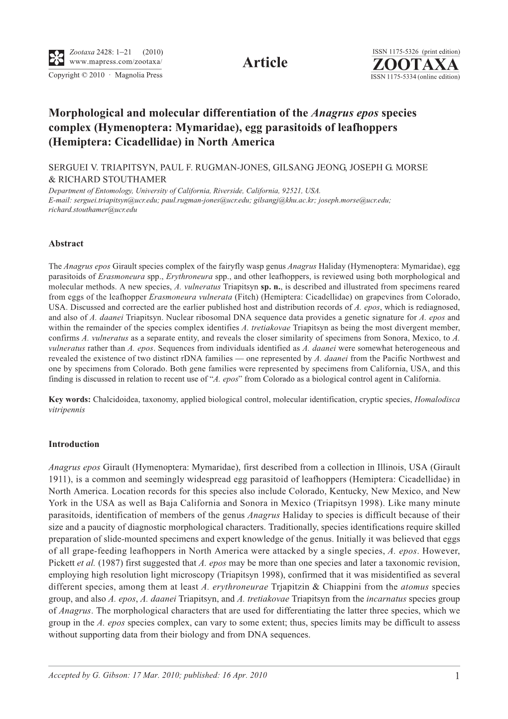 Zootaxa, Morphological and Molecular Differentiation of the Anagrus Epos