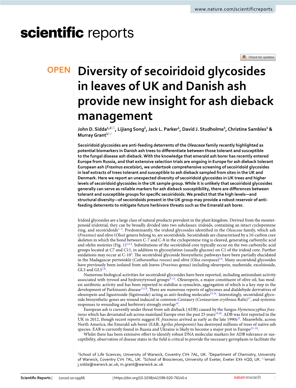 Diversity of Secoiridoid Glycosides in Leaves of UK and Danish Ash Provide New Insight for Ash Dieback Management John D