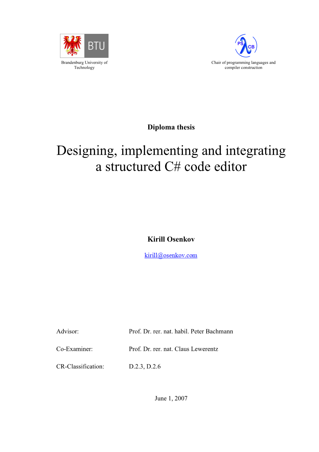 Diploma Thesis Designing, Implementing and Integrating a Structured C# Code Editor