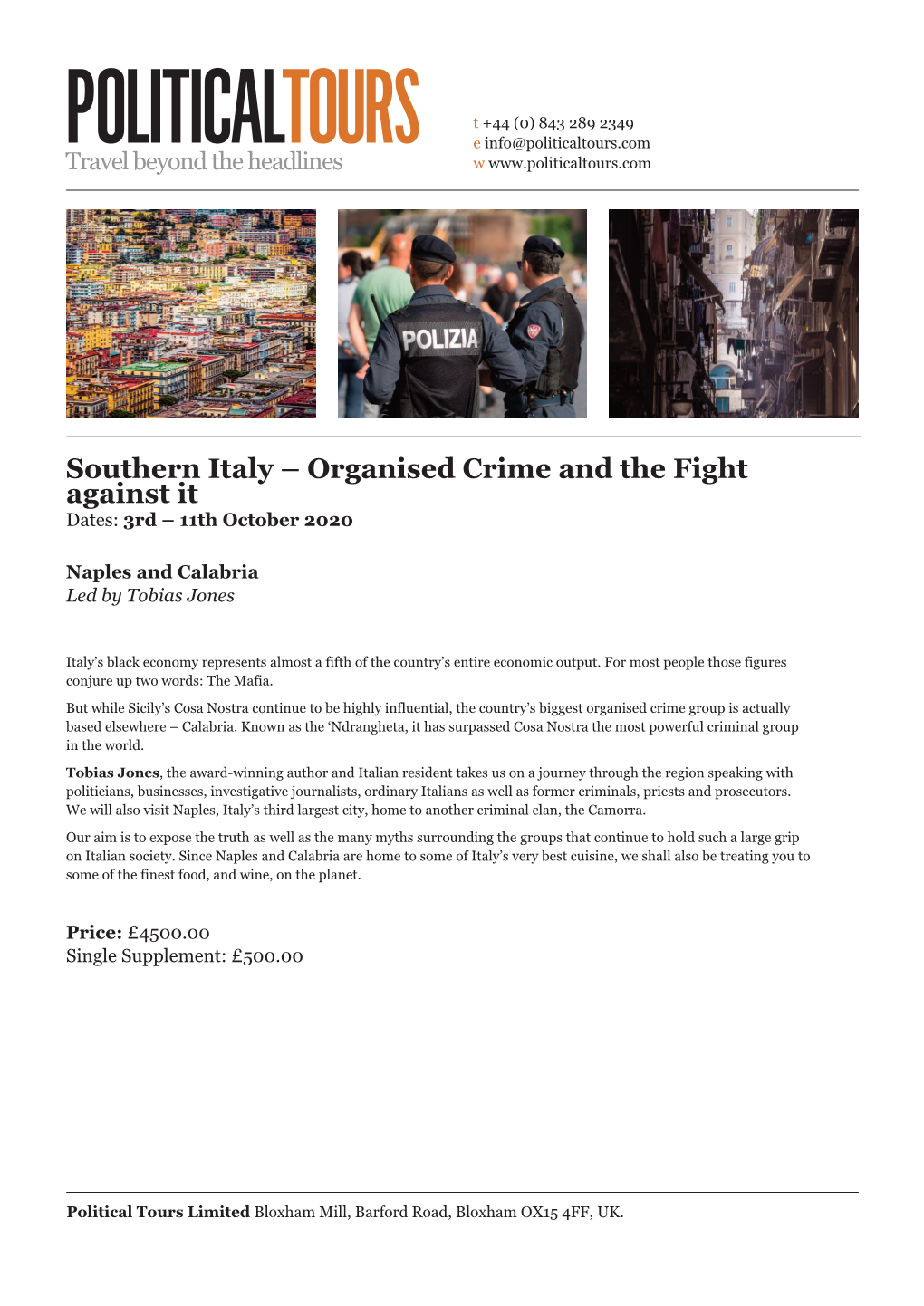 Southern Italy – Organised Crime and the Fight Against It Dates: 3Rd – 11Th October 2020