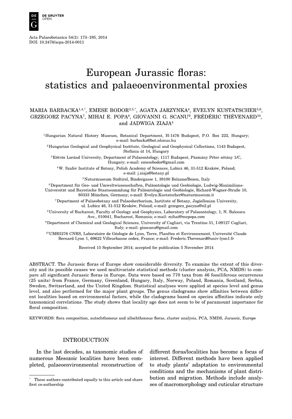 European Jurassic Floras: Statistics and Palaeoenvironmental Proxies