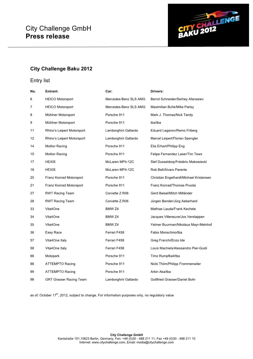 City Challenge Gmbh Press Release