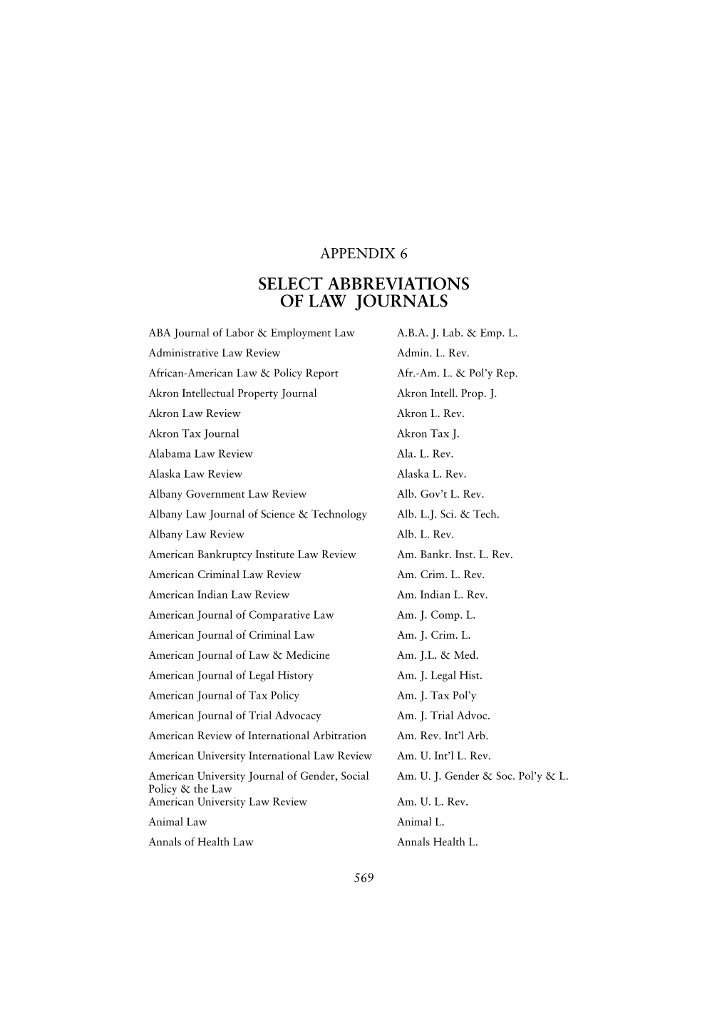 Appendix 6 Select Abbreviations of Law Journals