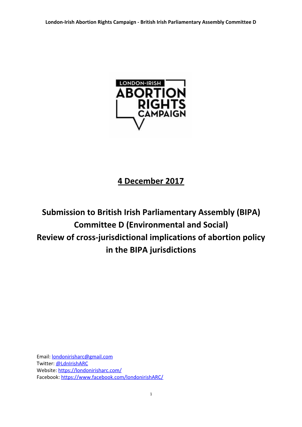 4 December 2017 Submission to British Irish Parliamentary Assembly